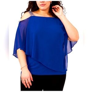NWT MSK Chiffon‎ Drape Rhinestone-Strap Blue Blouse Women’s Size Medium
